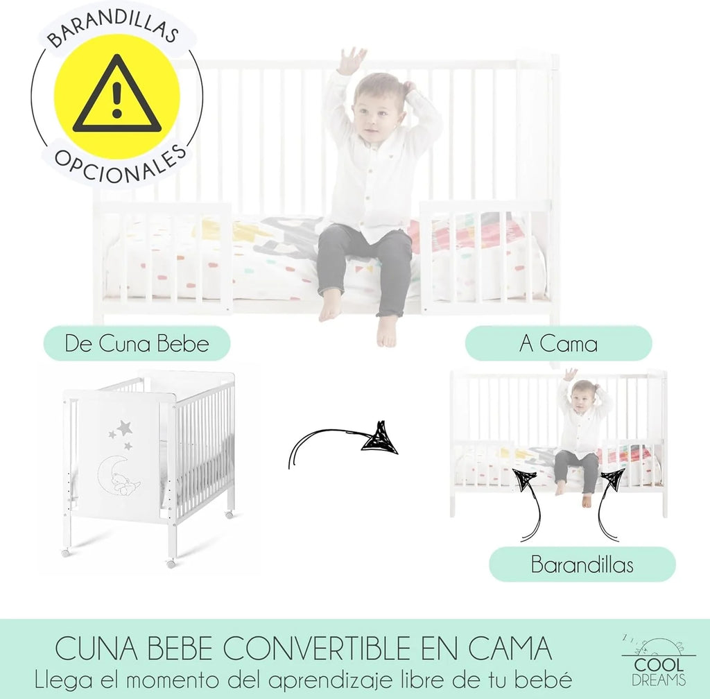 Cuna Colecho de Bebe, Kit para Unir la Cuna con la Cama, Colchón HR Morfeo Certificado Oeko-Tex® y CertiPUR, 4 Ruedas, Sábana Bajera y Encimera de Algodón Natural. Indi CoolDreams CoolDreams