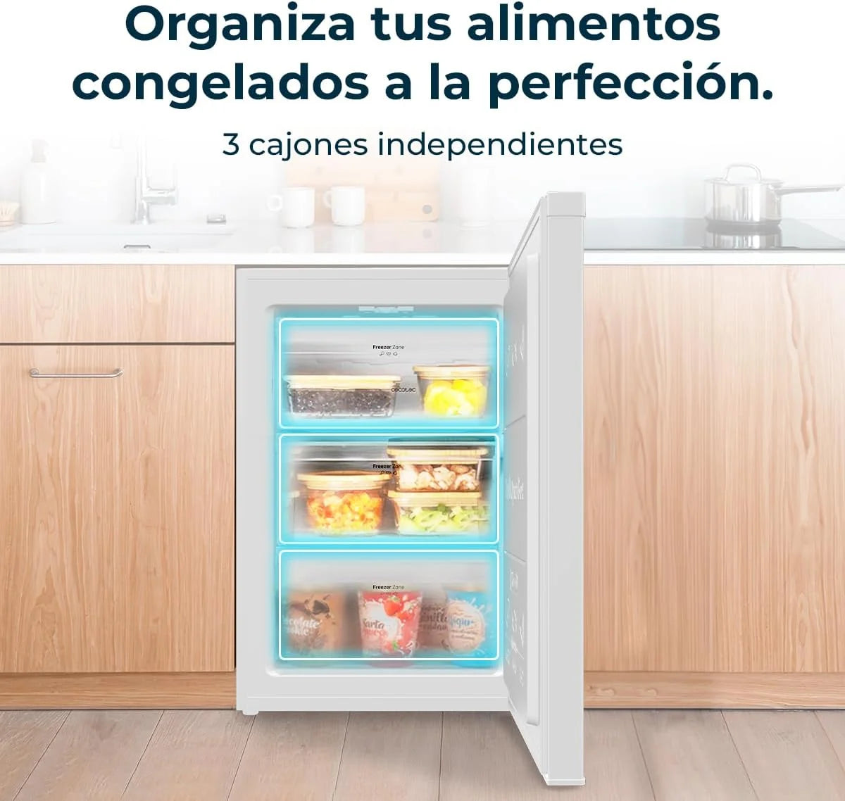 Cecotec Congelador Vertical Sobremesa 97 L Bolero CoolMarket TF 97 White, Clase Energética E, Diseño compacto, Puerta reversible, 3 Cajones, Medidas 55,1 x 57,5 x 83,5 cm, Color Blanco