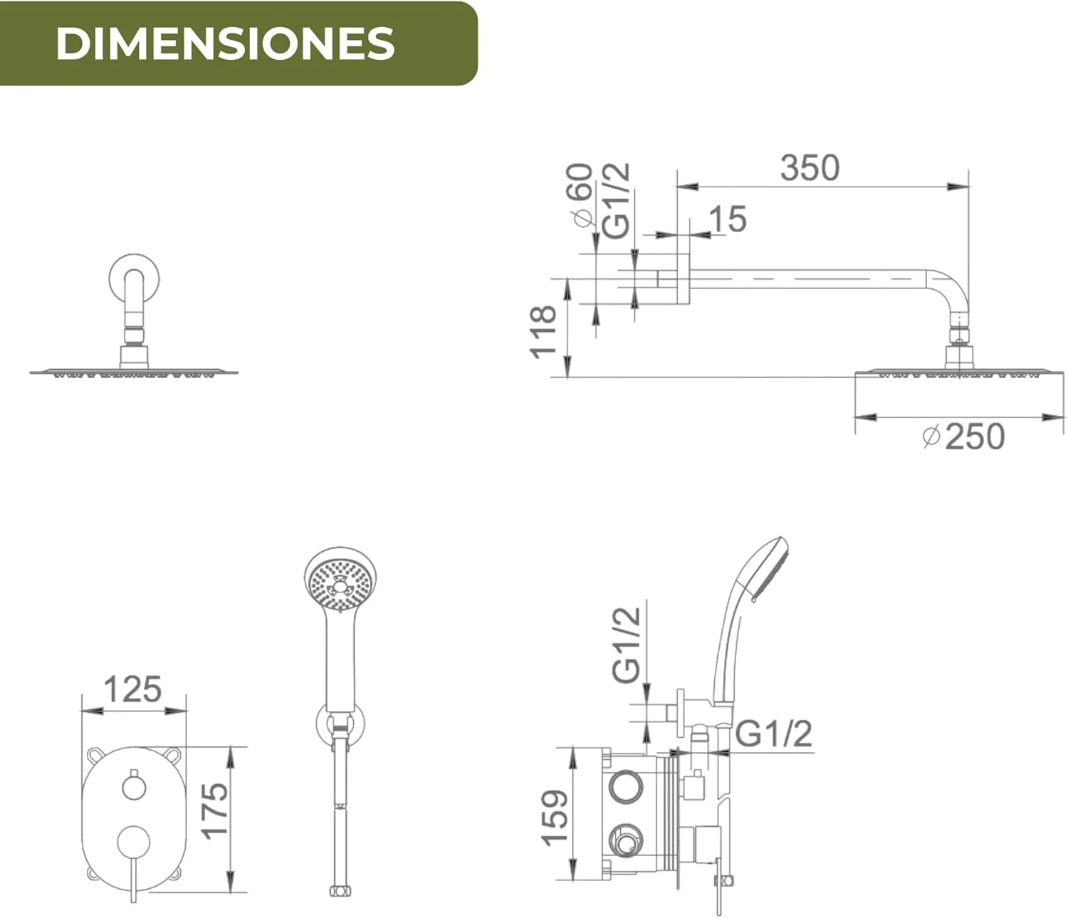IMEX - Ducha Exterior Pared Acero Inoxidable | Ducha de Jardín Empotrable Exterior para Pared de Acero S.316 | Conjunto de Grifería con Agua Fría y Caliente para Piscina con Alcachofa | Serie Moscú