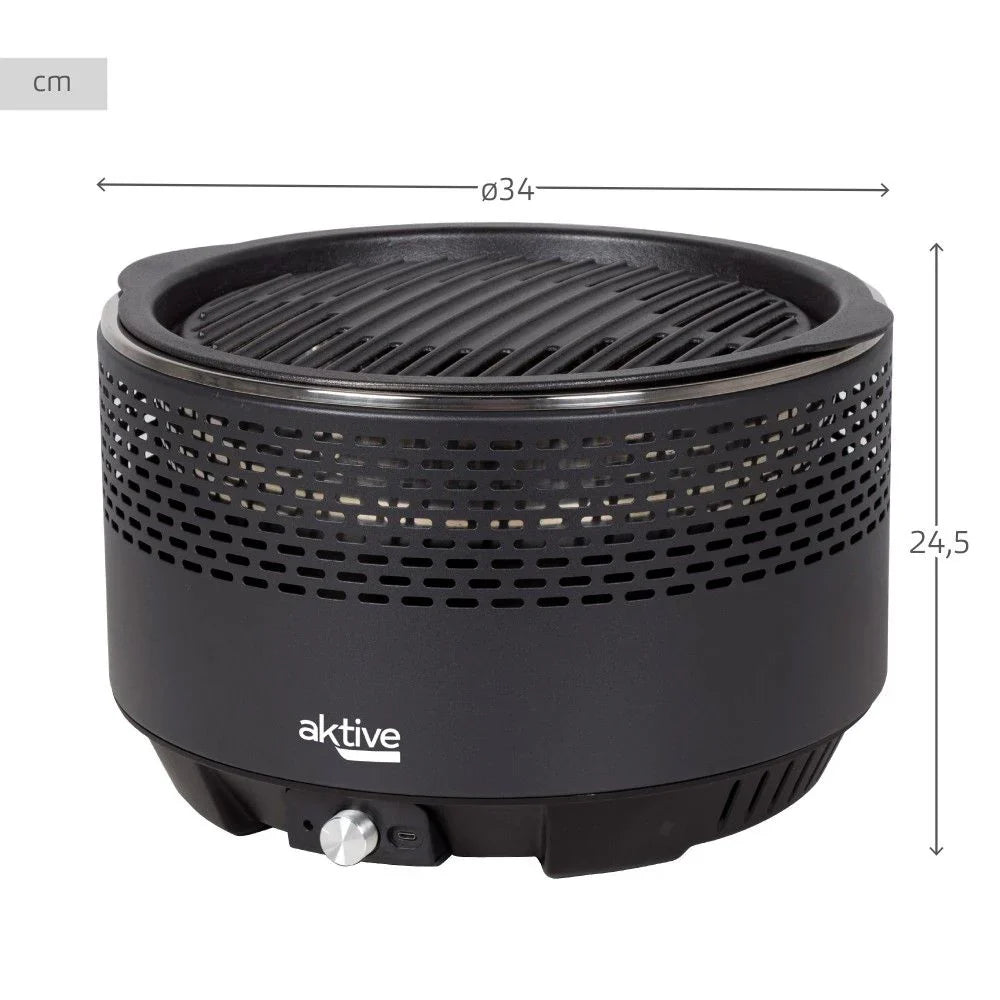 Barbacoa Portátil Negra A Carbón Sin Humo Aktive, Ø34x21,5cm, Con Protección Antigoteo