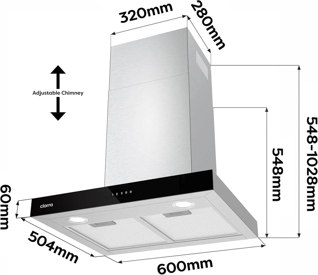 Ciarra CBCS6102 Campanas Extractora 60cm 650 m³/h - Control Táctil y Wifi - 4 Velocidades - Evacuación al Exterior y Recirculación Interna por Filtro de Carbón CBCF003 - Acero Inoxidable