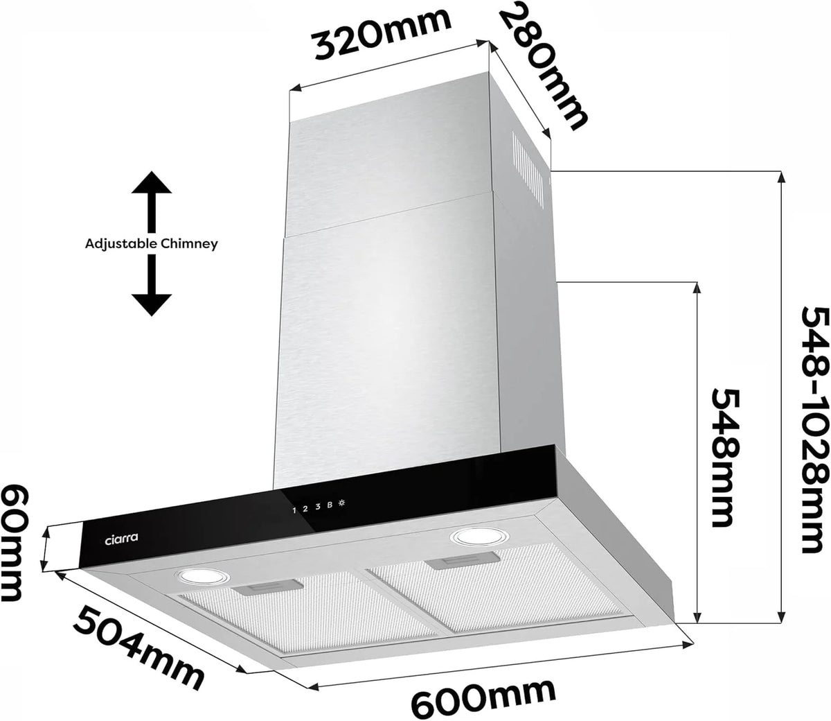 Ciarra CBCS6102 Campanas Extractora 60cm 650 m³/h - Control Táctil y Wifi - 4 Velocidades - Evacuación al Exterior y Recirculación Interna por Filtro de Carbón CBCF003 - Acero Inoxidable
