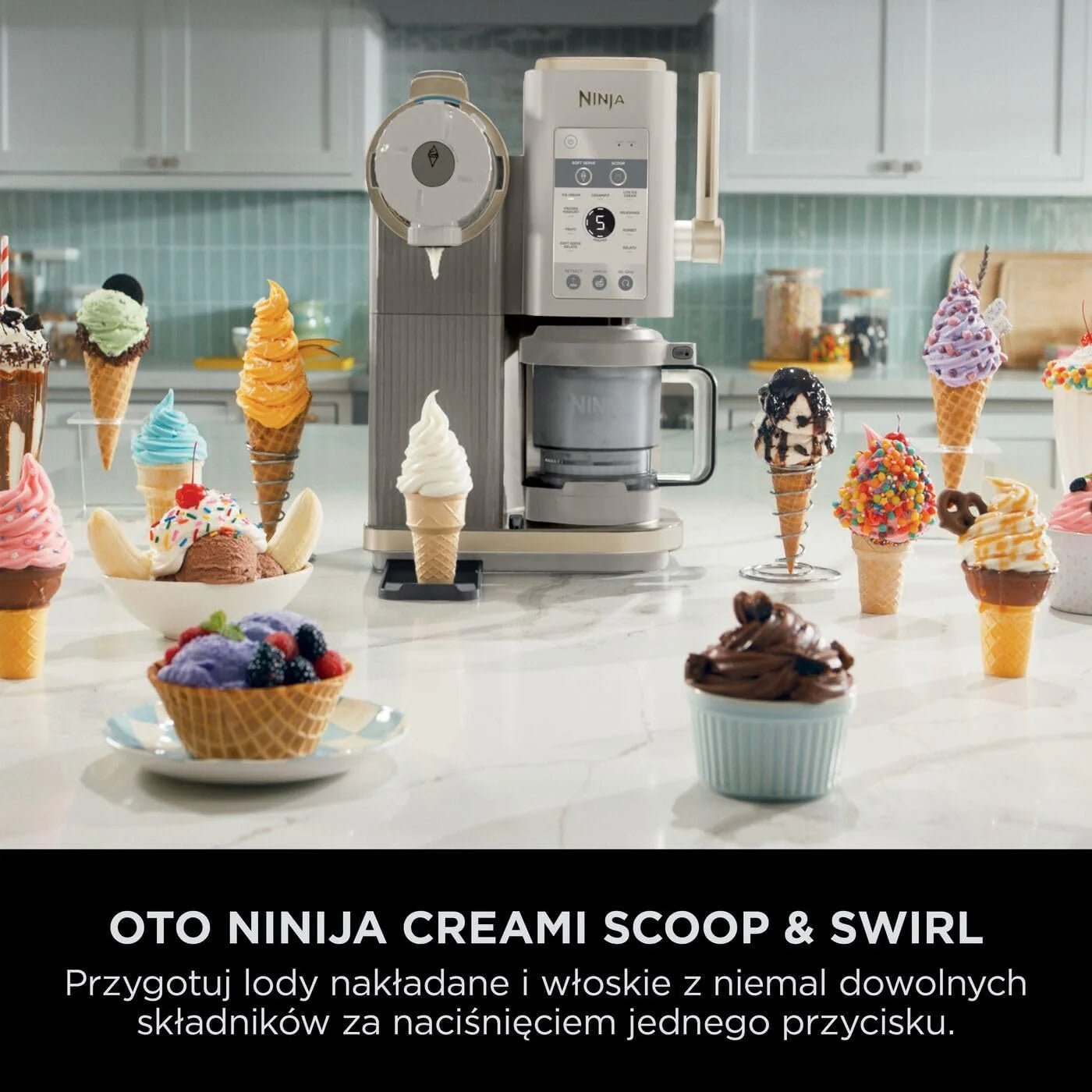 Ninja CREAMi Scoop and Swirl Maszyna do lodów z 2 pojemnikami, 13 funkcji, przygotowuje lody, lody włoskie, gelato, koktajle mleczne i inne desery, opcja dodatków, kamienne złoto, NC701EUSTGD
