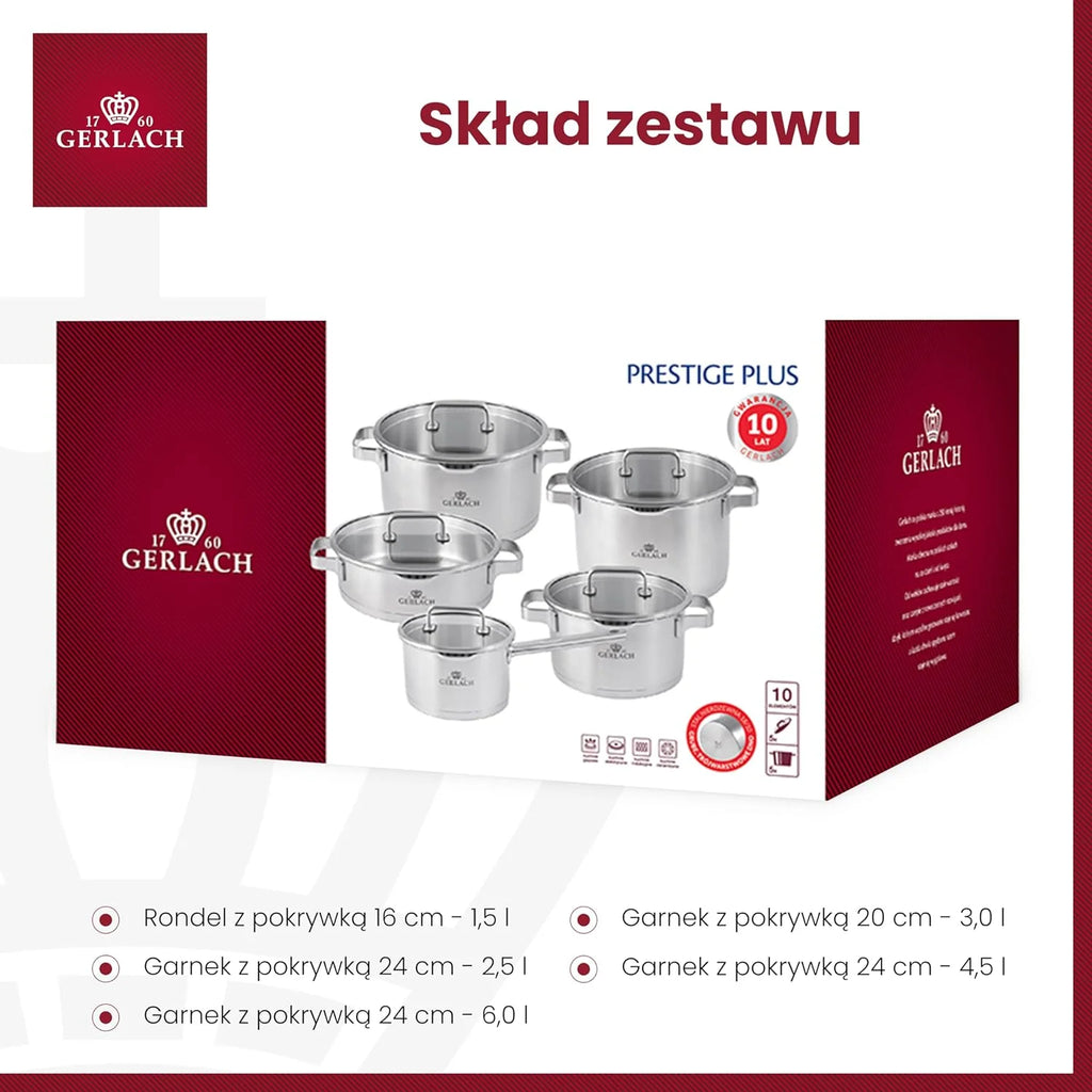 Gerlach Prestige Plus Zestaw Garnków, Srebrny, 10 El.