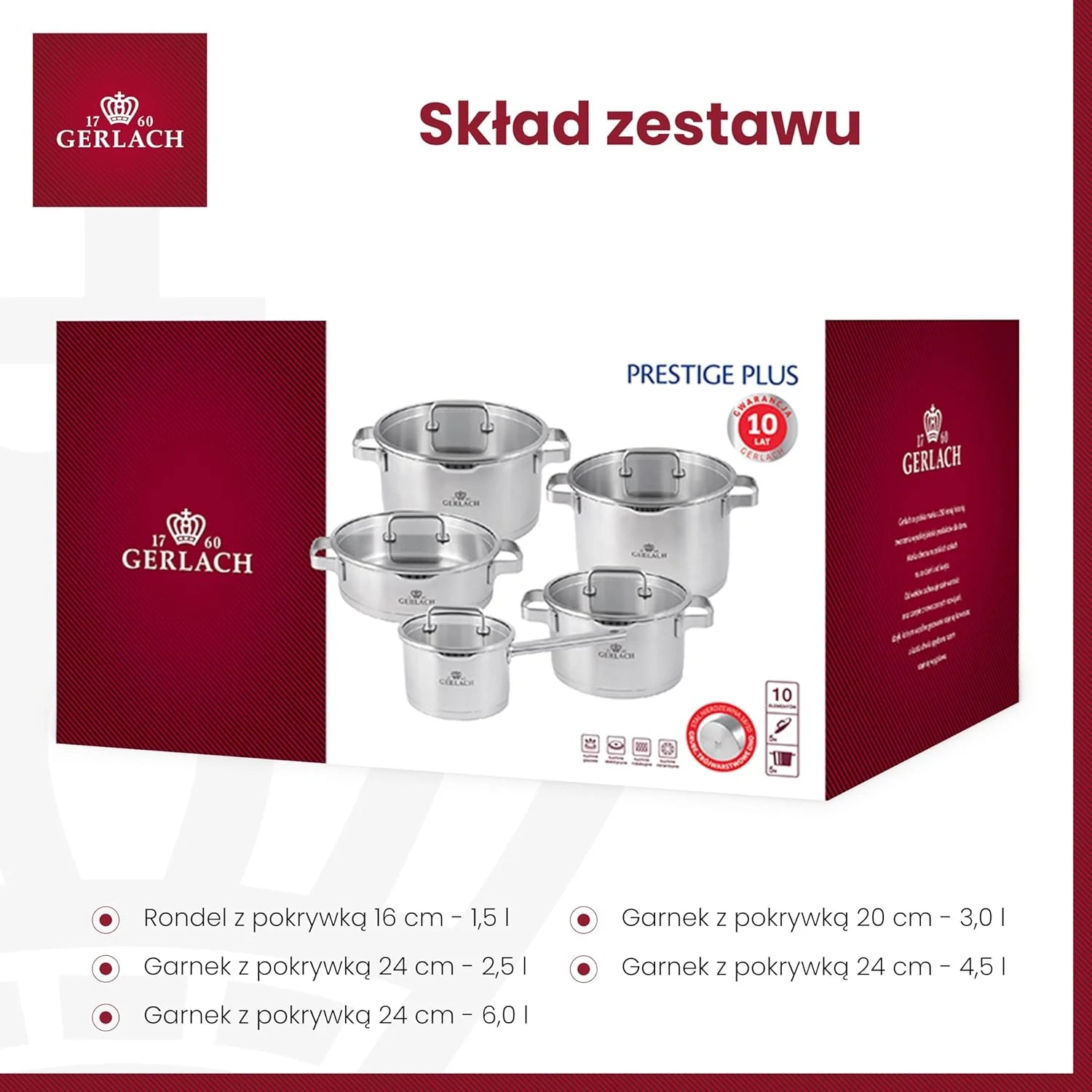 Gerlach Prestige Plus Zestaw Garnków, Srebrny, 10 El.