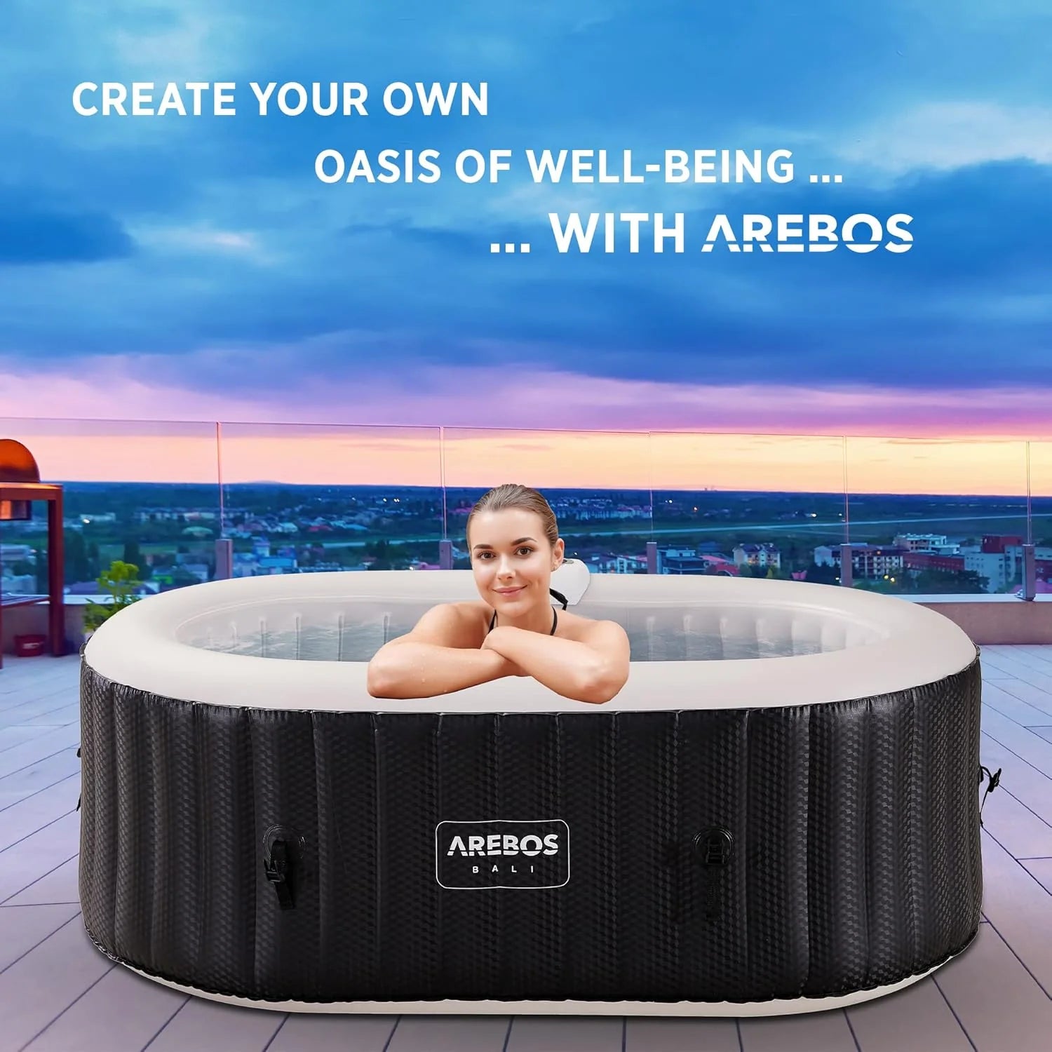 Arebos Bañera de hidromasaje con iluminación LED | SPA Hinchable | Interior y Exterior | 190x120 cm Ovalada | 2 Personas | 90 chorros de Masaje | con calefacción | 550 litros | Incl. Cubierta