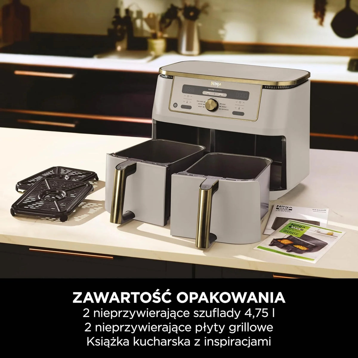 Ninja MAX Dwustrefowa frytkownica, 2 szuflady, 9,5 l, zero oleju, Air Fry, Max Crisp, Roast, Bake, Reheat, Dehydrate, nieprzywierające kosze do mycia w zmywarce, Złoty odcień kamienia, DZ400EUSTGD
