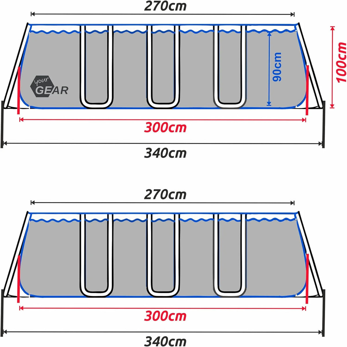 yourGEAR Piscina Familiar XL 3x3m - Piscina de Jardín con Marco de Acero Duradero, 8100L