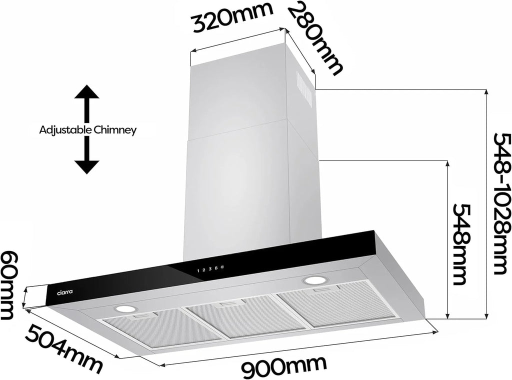 CIARRA CBCS9102 Campana Extractora 90 cm Clase A+++ 650 m³/h WIFI Control Táctil 4 Velocidades Evacuación al Exterior y Recirculación Interna por Filtro de Carbón CBCF003