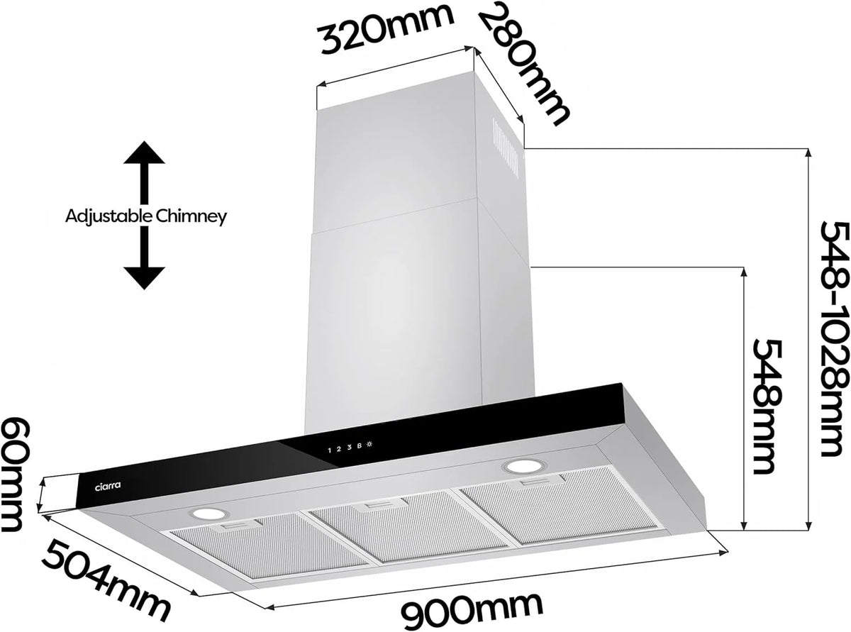 CIARRA CBCS9102 Campana Extractora 90 cm Clase A+++ 650 m³/h WIFI Control Táctil 4 Velocidades Evacuación al Exterior y Recirculación Interna por Filtro de Carbón CBCF003