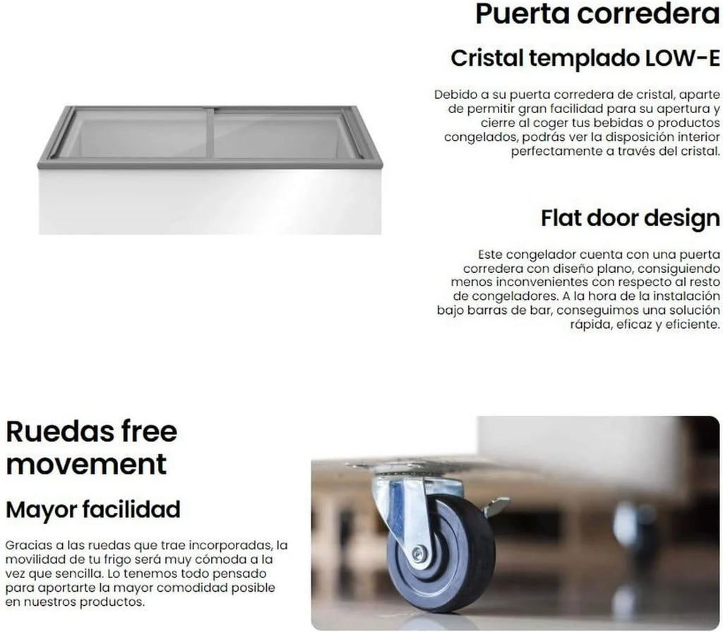 INFINITON Arcon Congelador Industrial FCH-209CC82WEC, 209 Litros, Puerta con diseño Flat door design, Control de temperatura Mecánico, D, Ruedas, Cierre de seguridad con llave