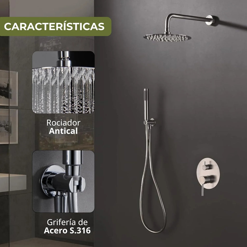 IMEX - Ducha Exterior Pared Acero Inoxidable | Ducha de Jardín Empotrable Exterior para Pared de Acero S.316 | Conjunto de Grifería con Agua Fría y Caliente para Piscina con Alcachofa | Serie Moscú