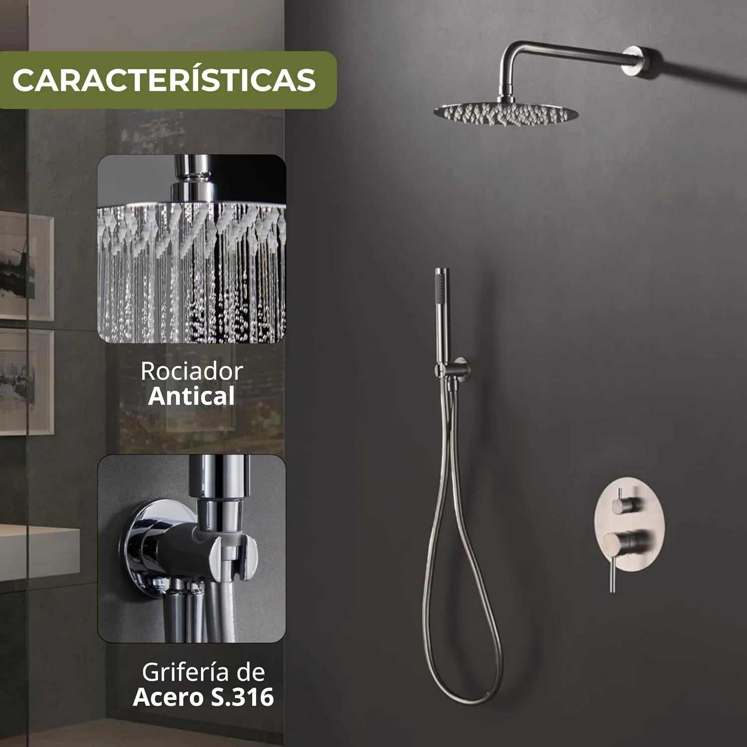 IMEX - Ducha Exterior Pared Acero Inoxidable | Ducha de Jardín Empotrable Exterior para Pared de Acero S.316 | Conjunto de Grifería con Agua Fría y Caliente para Piscina con Alcachofa | Serie Moscú