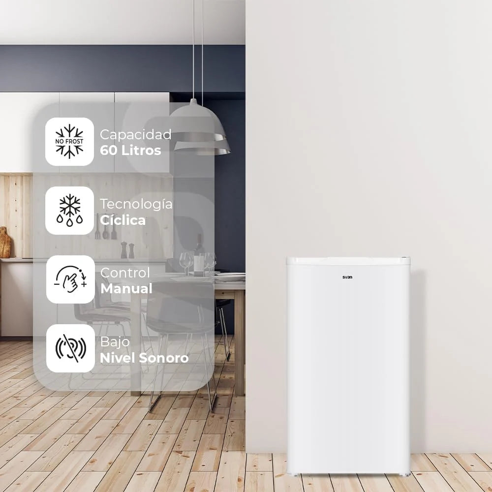 Svan Congelador Vertical Blanco SCV85502E. Capacidad 60 Litros, Puerta Reversible, Bajo nivel Sonoro, Eficiencia Energética Clase E
