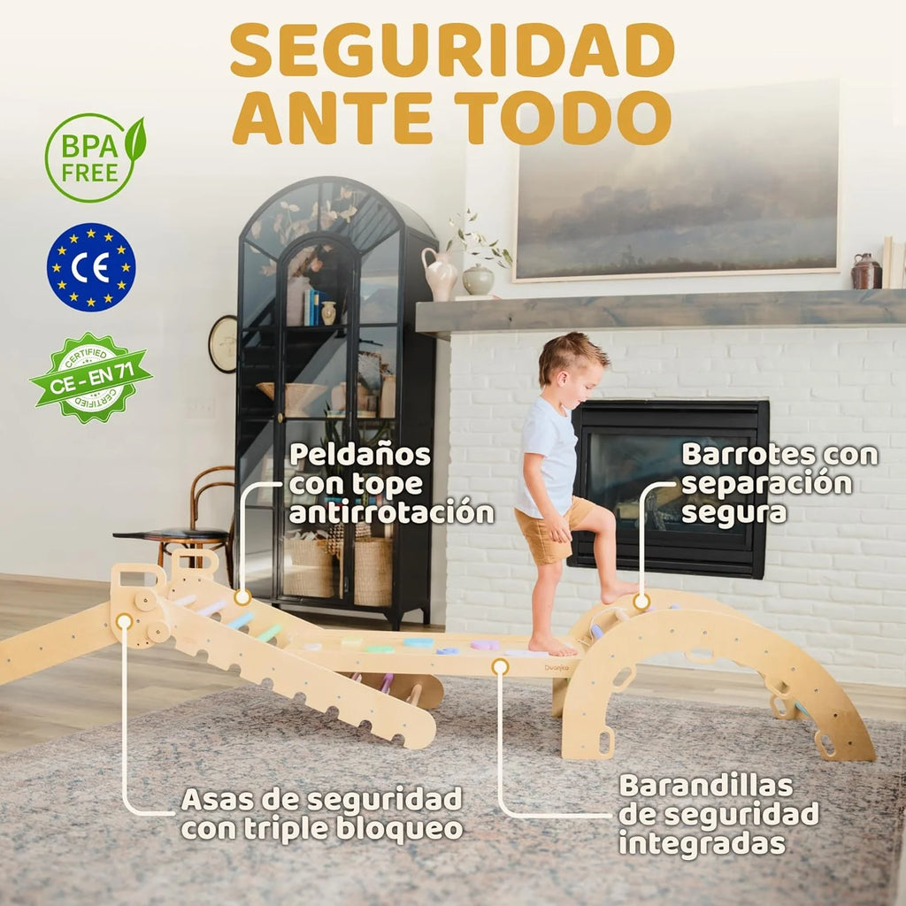 9en1 Montessori triangulo pikler Grande de 1 a 7+ años, 5 ángulos Ajustables, Parque Infantil Exterior y Interior en Madera para la Escalada con Arco pikler y rampa Pickler para niños