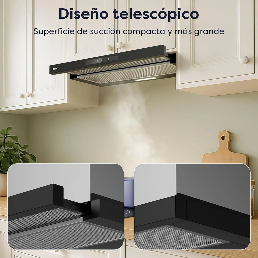 CIARRA CBCB6909A Campana Extractora Telescópica Negra Cocina 60 cm 600 m³ / h Clase A+ 3 Niveles Control Táctil Iluminación LED Filtro de Carbón CBCF055