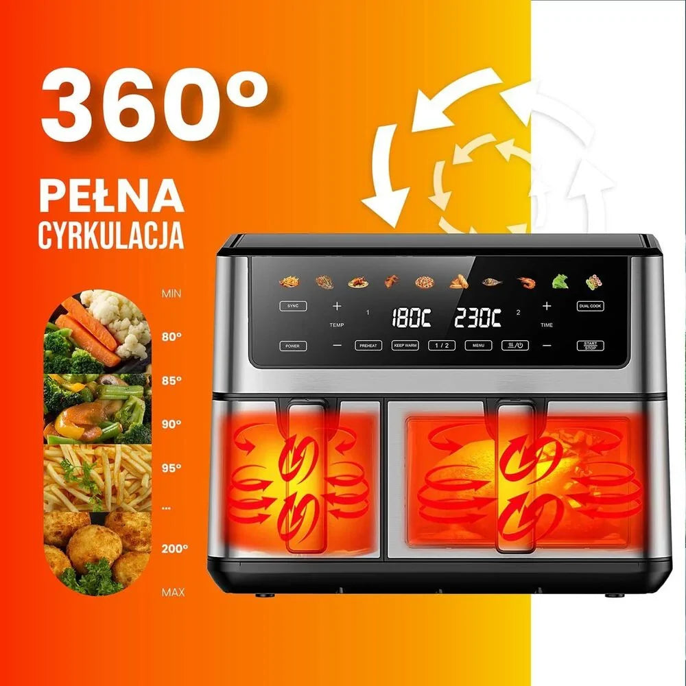 Frytkownica beztłuszczowa z okienkiem Extralink Dual Basket, 2 komory, 2500 W, 6,5 l i 3,5 l, srebrna