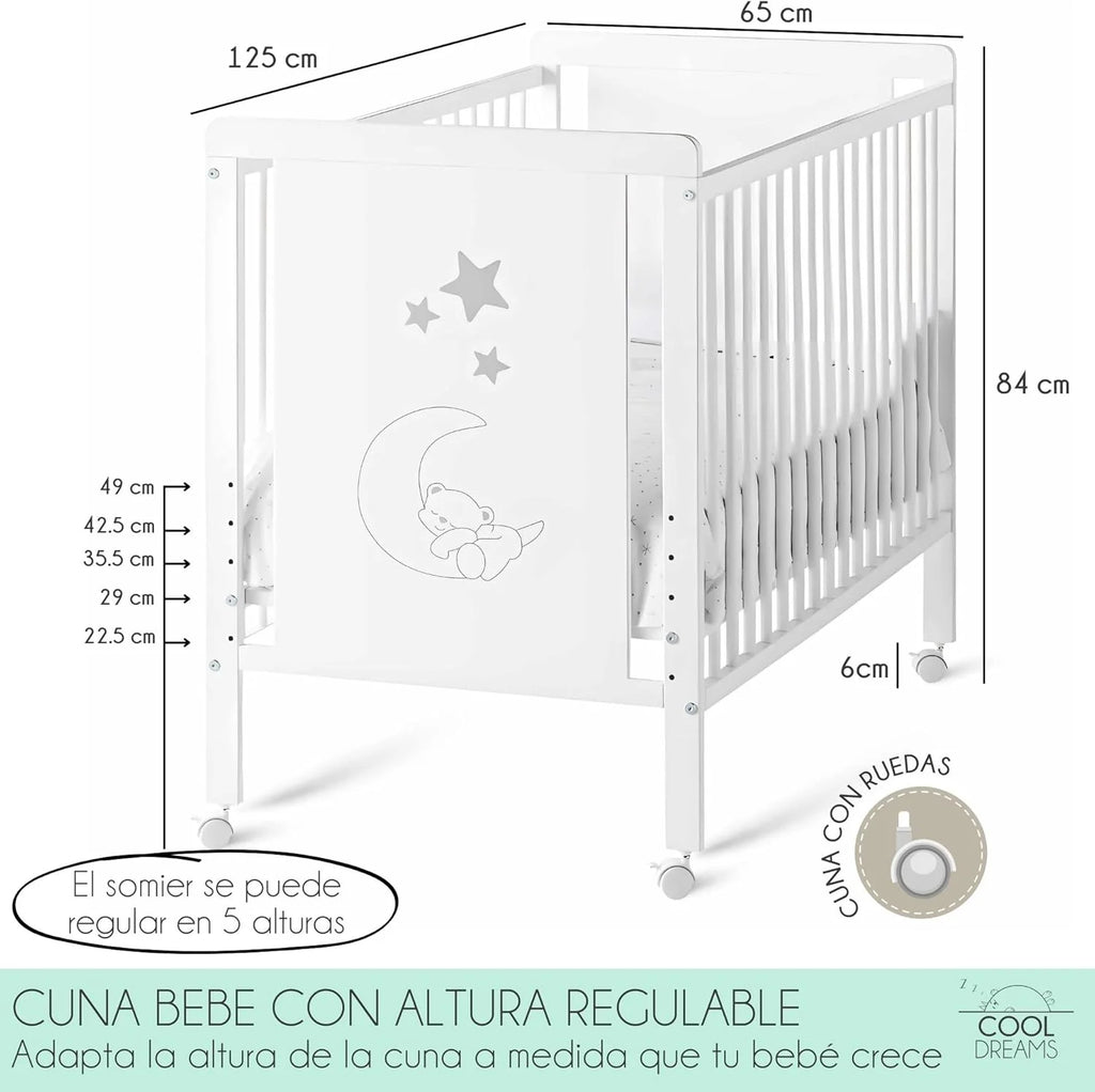 Cuna Colecho de Bebe, Kit para Unir la Cuna con la Cama, Colchón HR Morfeo Certificado Oeko-Tex® y CertiPUR, 4 Ruedas, Sábana Bajera y Encimera de Algodón Natural. Indi CoolDreams CoolDreams