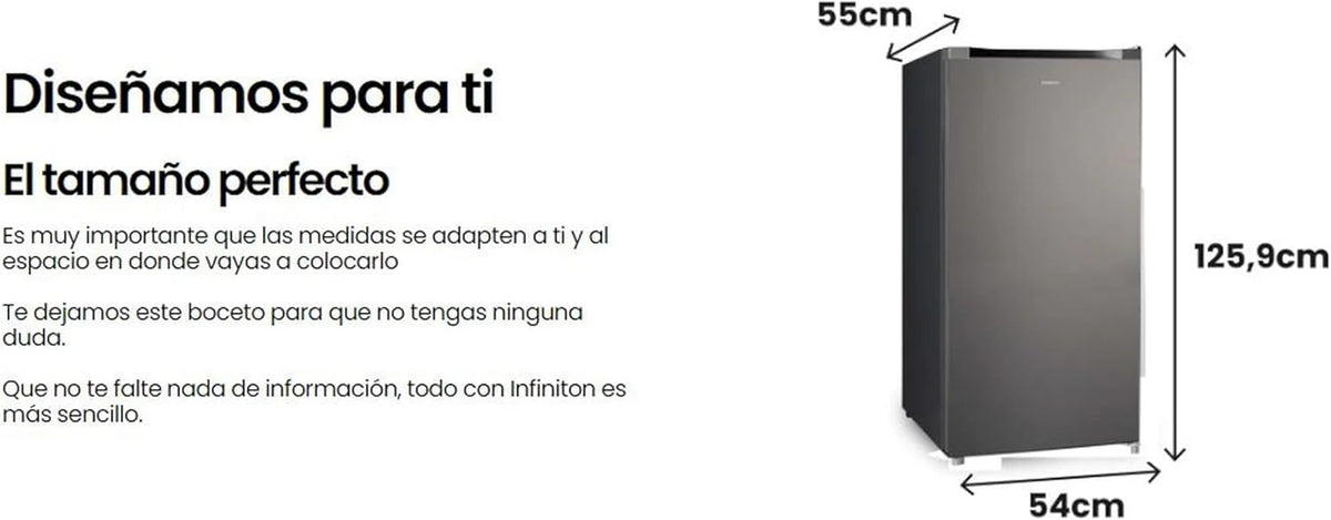 INFINITON Congelador Vertical CV-140L25XEQ, 145 Litros, E, Función Fast Freezing, Congelador 4****, cajón Flap, Tirador integrado, Puerta reversible, Inox