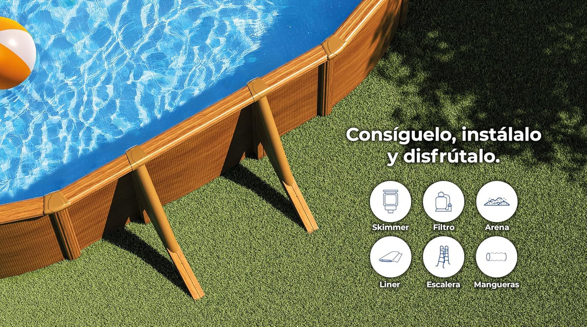 Piscina de Acero Elevada,Ovalada con Aspecto Madera. Piscinas Desmontables para Jardín. 730 x 375 x 120 cm - Piscina Gre KIT730W Pacific.