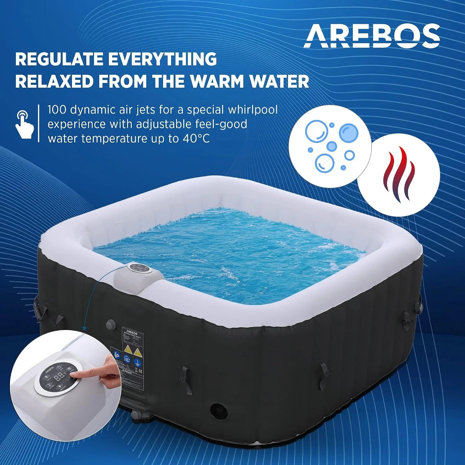 Arebos Nadmuchiwane | Whirlpool Pure | | 4 osoby | 130 dysz do masażu | Spa Dobre samopoczucie Ogrzewanie | 550 litrów | z pokrywą | Bubble Spa & Wellness masaż