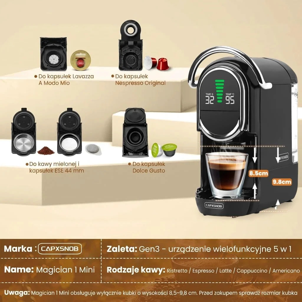 Magician1 Mini Multikapsułkowy Ekspres do kawy 5 w 1, do Nespresso, Dolce Gusto, Lavazza A Modo Mio, Saszetki ESE 44mm i Kawy Mielonej, 20 Barów Włoska Pompa,1450W, Wyświetlacz LED, do Domu i Biura