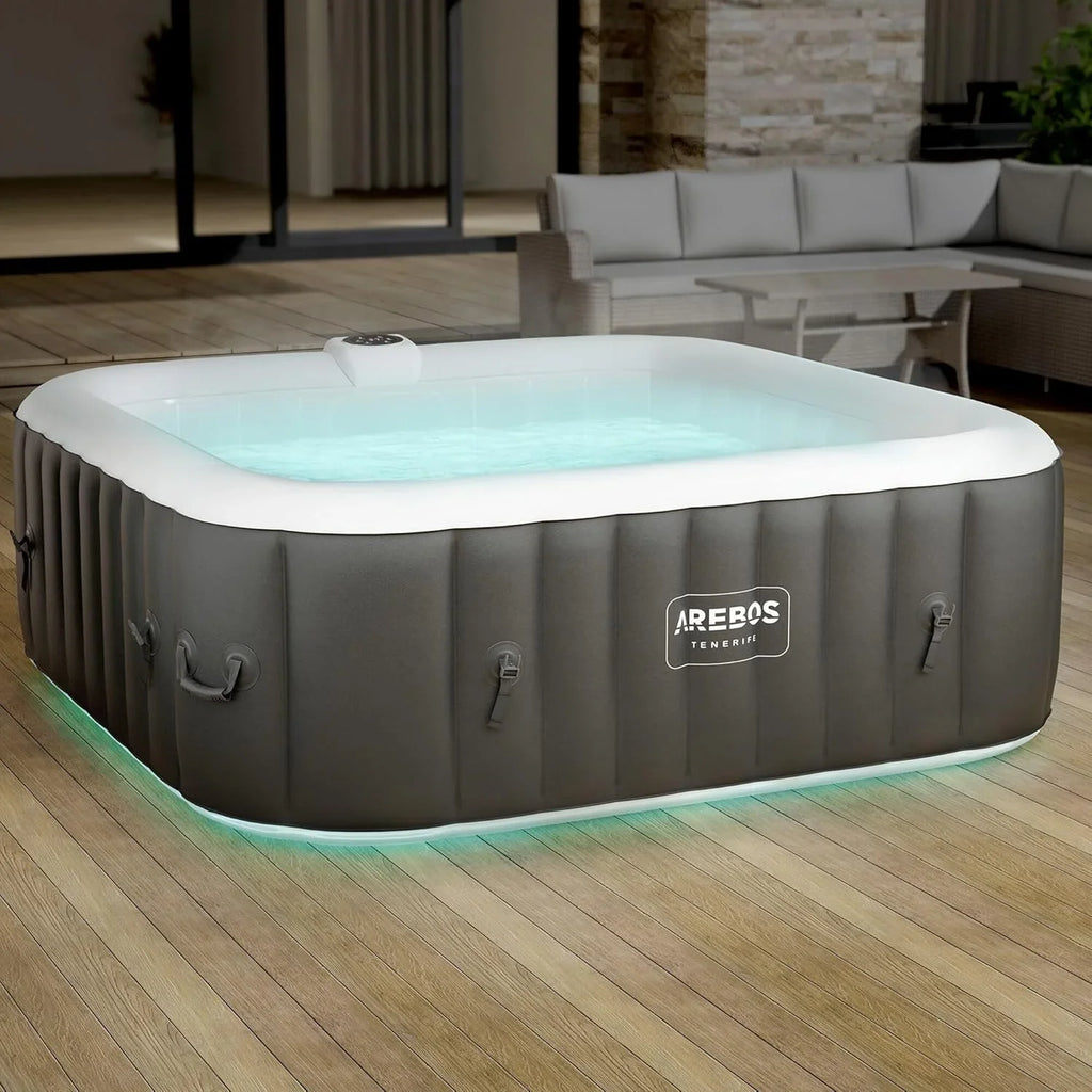Arebos Whirlpool Inflatable Spa | Hot Tub | 185 x 185 cm | for 6 People | LED Luminous Band | 130 Massage Jets | 910 Litres | Includes Cover | Bubble Massage and Wellness
