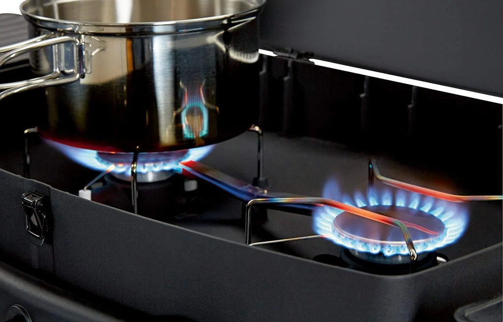 Enders Urban Barbacoa de gas portátil, barbacoa de sobremesa, Parrilla Gas 2 Quemadores con Tapa, Termómetro y Estantes Laterales Abatibles, BBQ Gas para camping jardín exterior, 30 mbar #209533