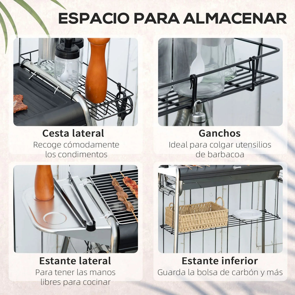 Barbacoa De Carbón Outsunny Acero Inoxidable Metal 96x61x72 Cm Negro