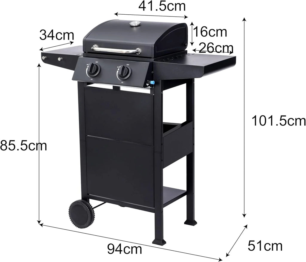 Grill gazowy "San Jose 2 palniki" firmy El Fuego®, w zestawie wąż gazowy i reduktor ciśnienia, ruszt do grillowania z żeliwa, z termometrem i dużymi półkami bocznymi, grill BBQ | AY0204