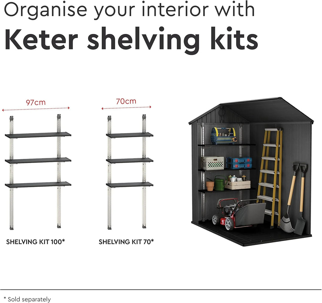 KETER Darwin 4x6 Caseta de jardín, 125.8 x 184.5 x 205 cm y 2.2 m2, Suelo, Sistema de ventilación, Puerta y Ventana, Resistente al Agua, Color Gris