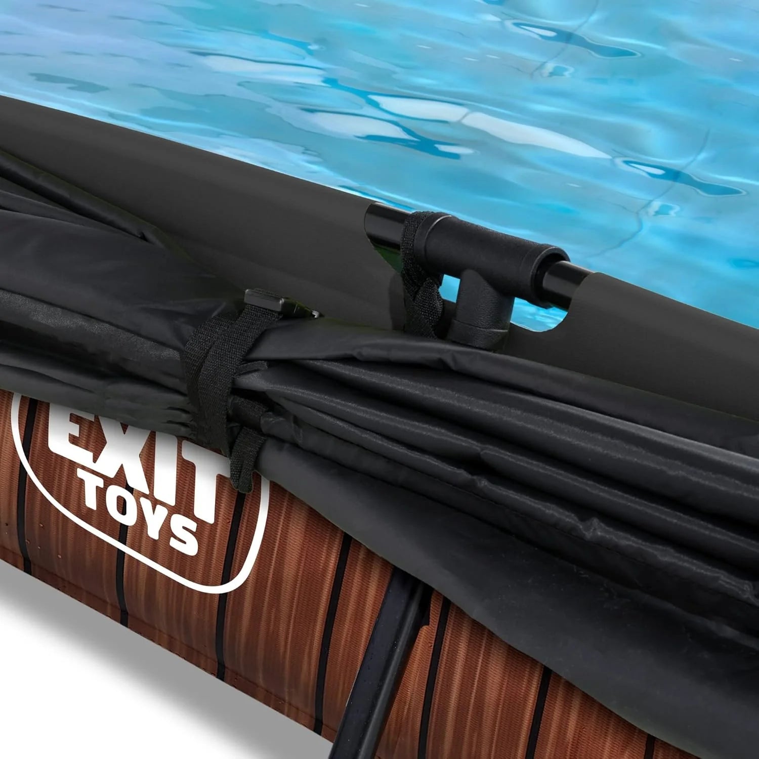 EXIT Toys Wood Pool con Toldo Solar - 300x200x65cm - Piscina de Marco Rectangular Compacta con Bomba de Filtro de Cartucho - Protección UV Óptima - Fácil Acceso - Diseño Único - Marrón