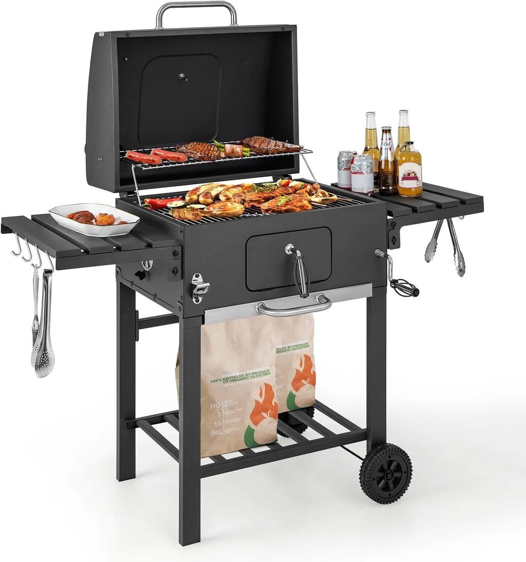COSTWAY Barbacoa Carbon XXL, Barbacoa Portatil 128 x 54x 117 cm, Tapa, Termómetro, 2 Mesas Laterales Plegables, 8 Ganchos, 2 Ruedas y Abridor de Botellas
