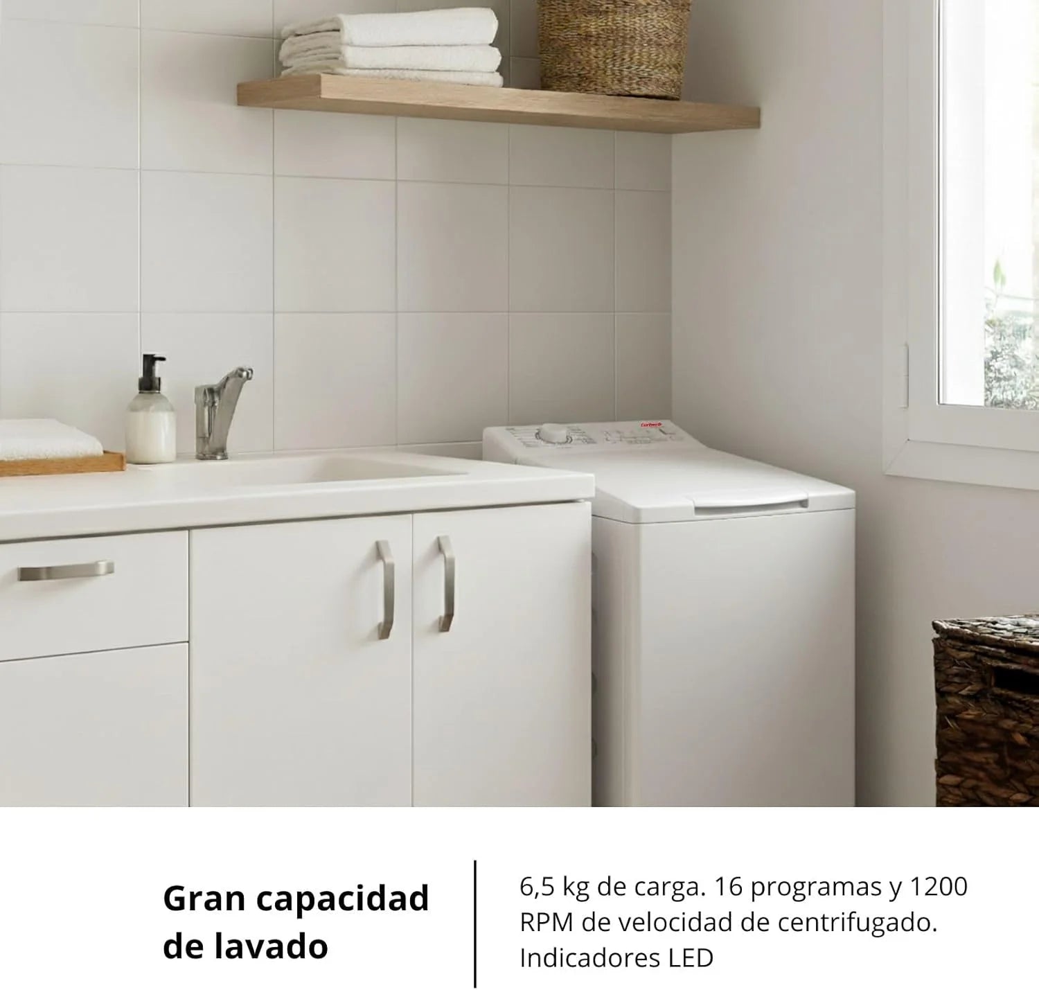 Corberó - Lavadora Carga Superior 6.5kg| CLACSM6524 | 1200 RPM | 16 Programas, Función Vapor, ECO, limpieza tambor| Inicio Diferido| Lavado Rápido | Planchado Fácil | Indicadores LED | Blanco