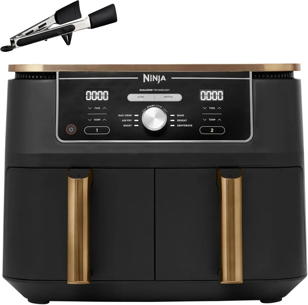 Ninja Foodi MAX Dual Compartment Air Fryer, 9.6L, 6-in-1, No Oil, Max Crisp, Roast, Bake and More, Tongs, 8 Servings, Non-Stick Baskets, Copper & Black, AF400EUCP