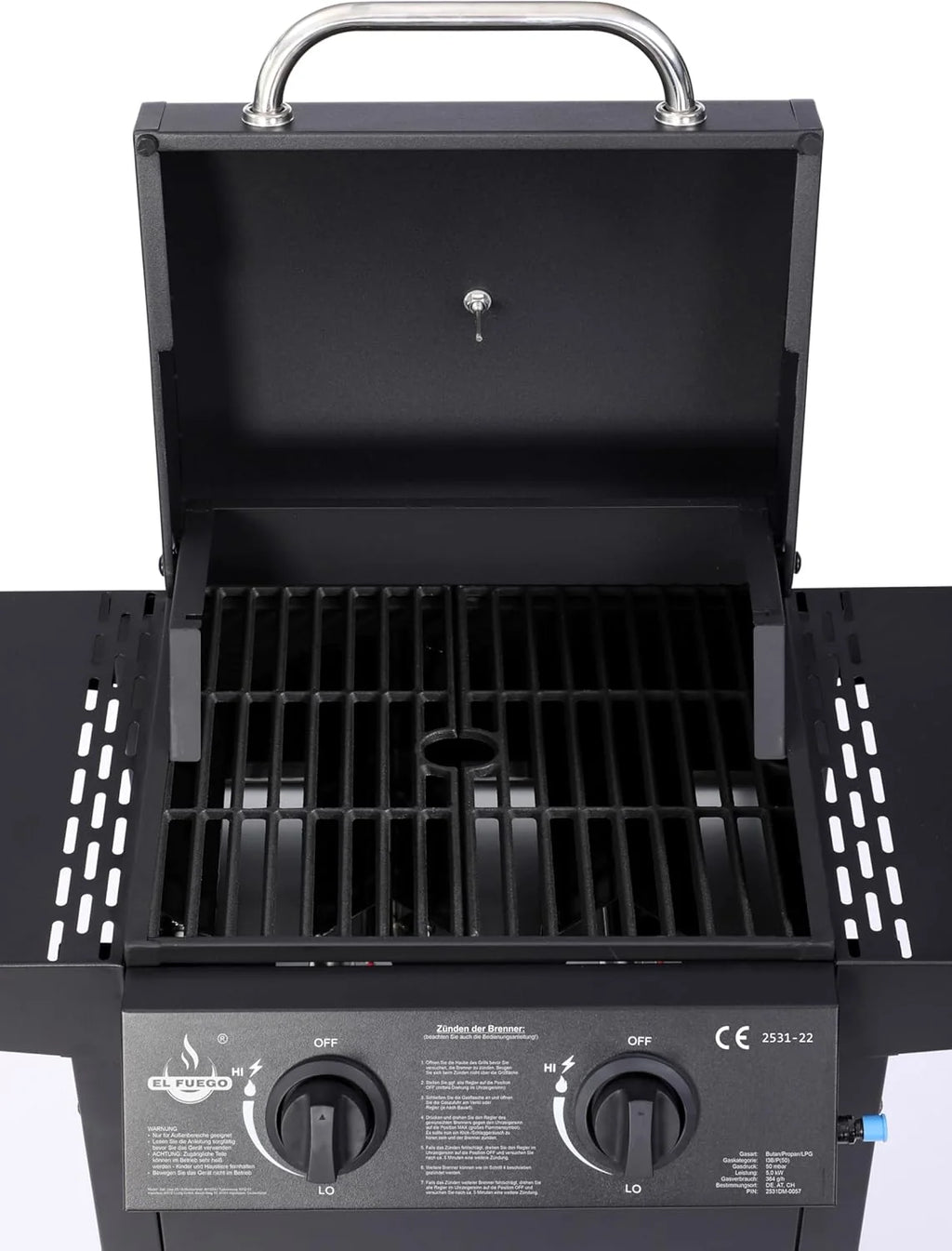 Grill gazowy "San Jose 2 palniki" firmy El Fuego®, w zestawie wąż gazowy i reduktor ciśnienia, ruszt do grillowania z żeliwa, z termometrem i dużymi półkami bocznymi, grill BBQ | AY0204