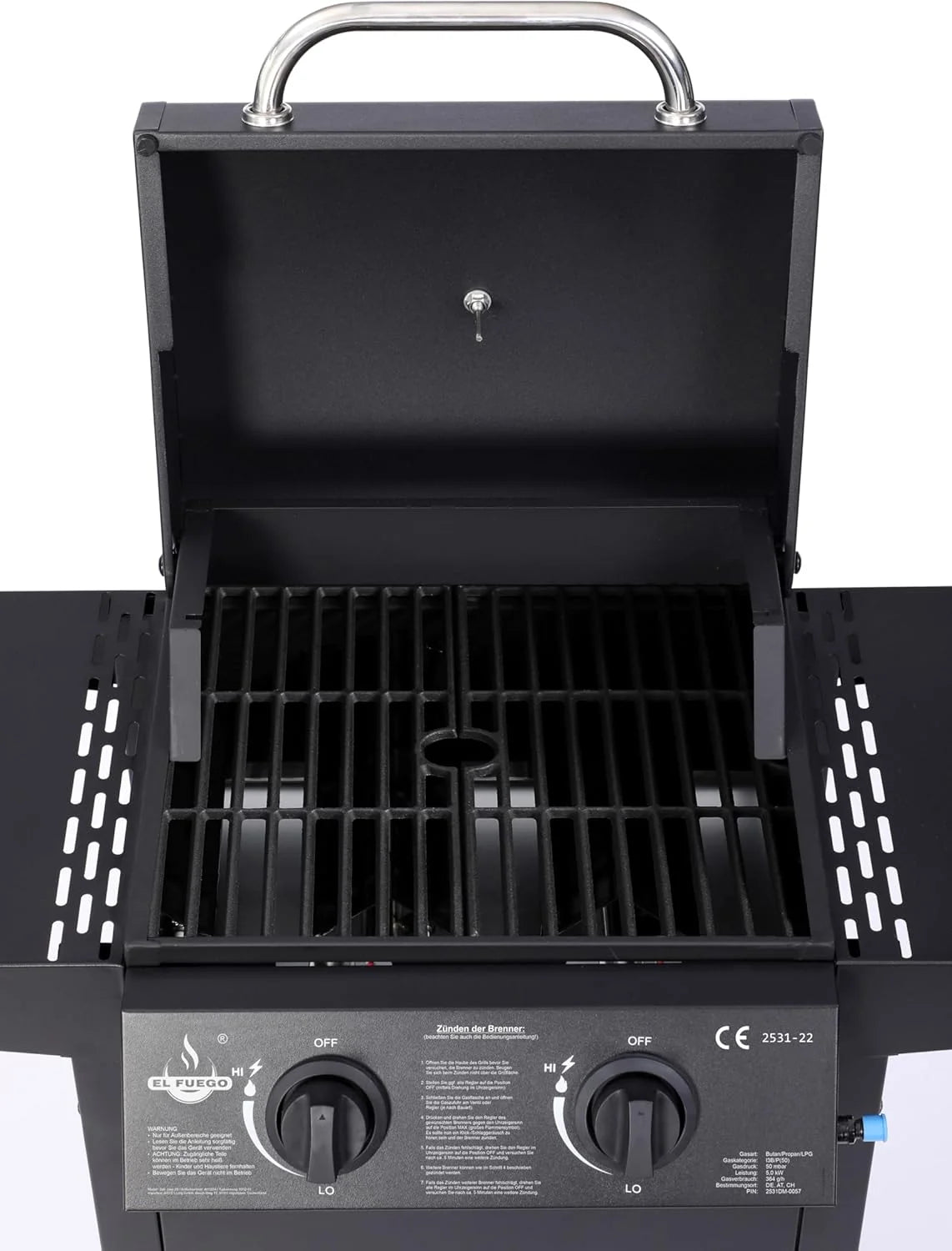 Grill gazowy "San Jose 2 palniki" firmy El Fuego®, w zestawie wąż gazowy i reduktor ciśnienia, ruszt do grillowania z żeliwa, z termometrem i dużymi półkami bocznymi, grill BBQ | AY0204