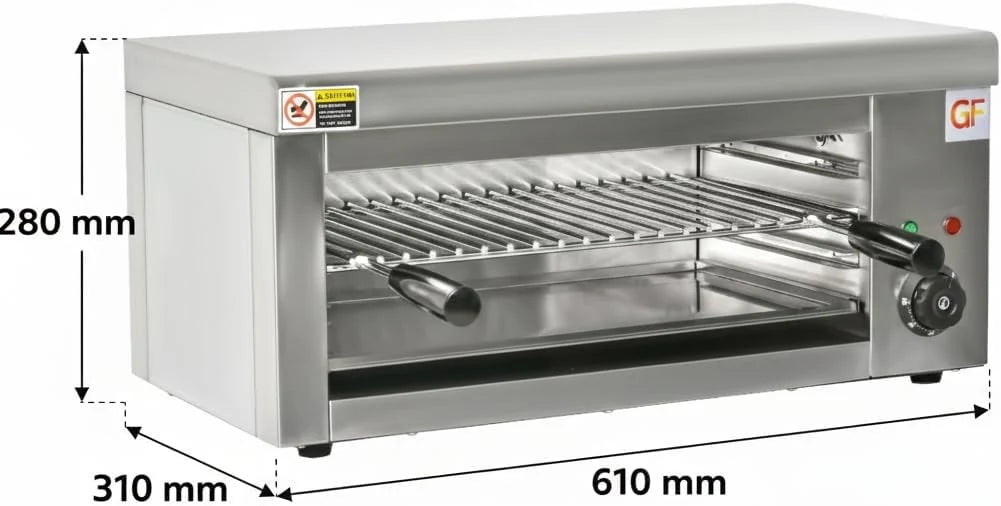 Salamandra Profesional Eléctrica 2000 W – Acero Inoxidable 18/10 – Temporizador 30 min – 50-300 °C – Uso Industrial Hostelería