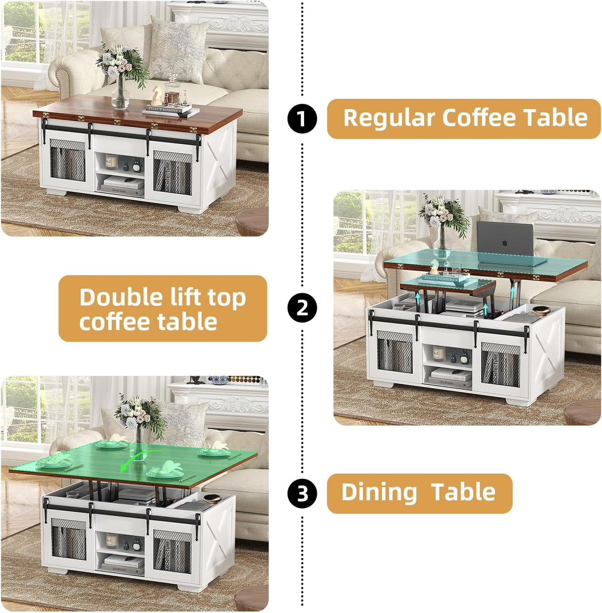 VOWNER Mesa de Centro Elevable, Mesa Extensible, Multifuncional 3 en 1 con Almacenamiento Oculto - Comedor, Convertible, Estilo Granja, Nogal