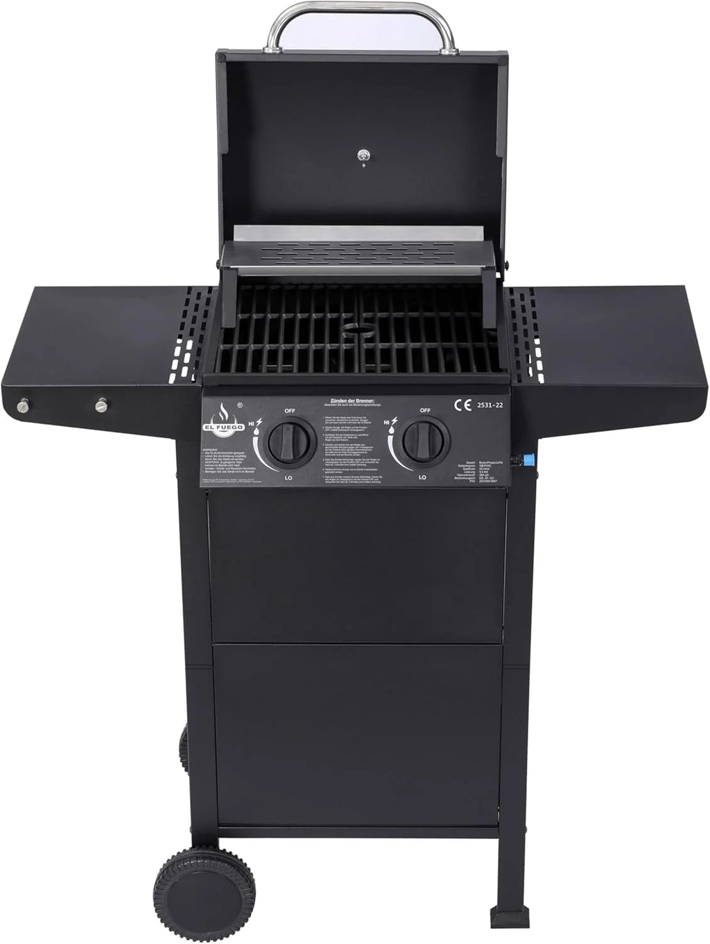 Grill gazowy "San Jose 2 palniki" firmy El Fuego®, w zestawie wąż gazowy i reduktor ciśnienia, ruszt do grillowania z żeliwa, z termometrem i dużymi półkami bocznymi, grill BBQ | AY0204