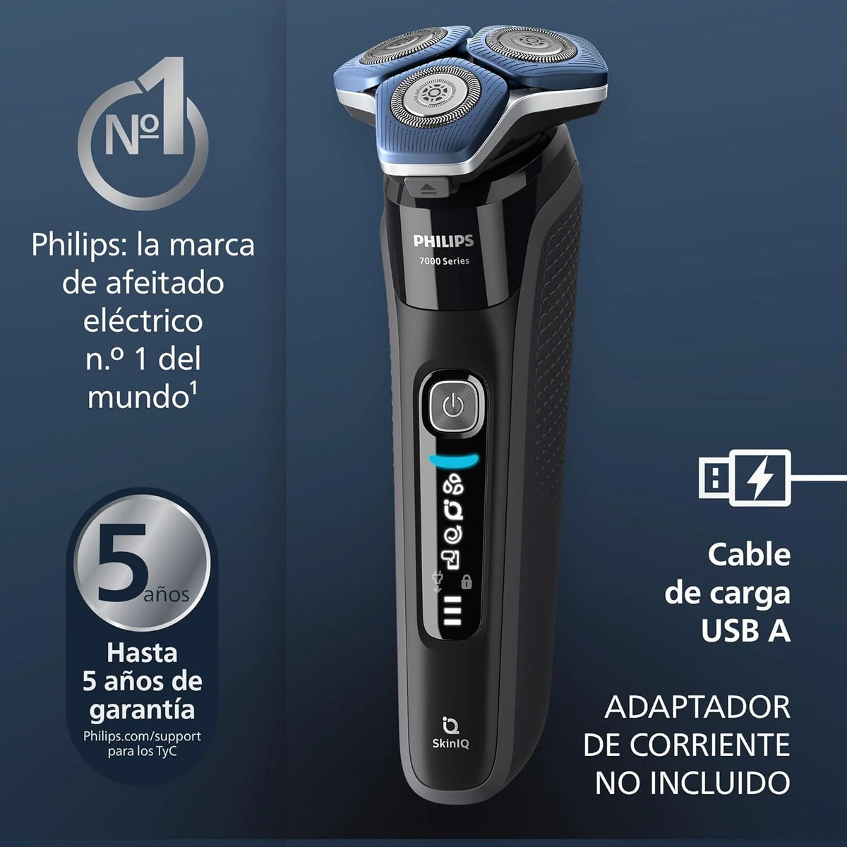 Serie 7000 Afeitadora Eléctrica Hombre, Máquina de Afeitar Barba con Recortadora, 45 cuchillas, 60min de uso, En Seco y Húmedo, Recargable, Centro de Limpieza, Base Carga, S7886/55, Negro