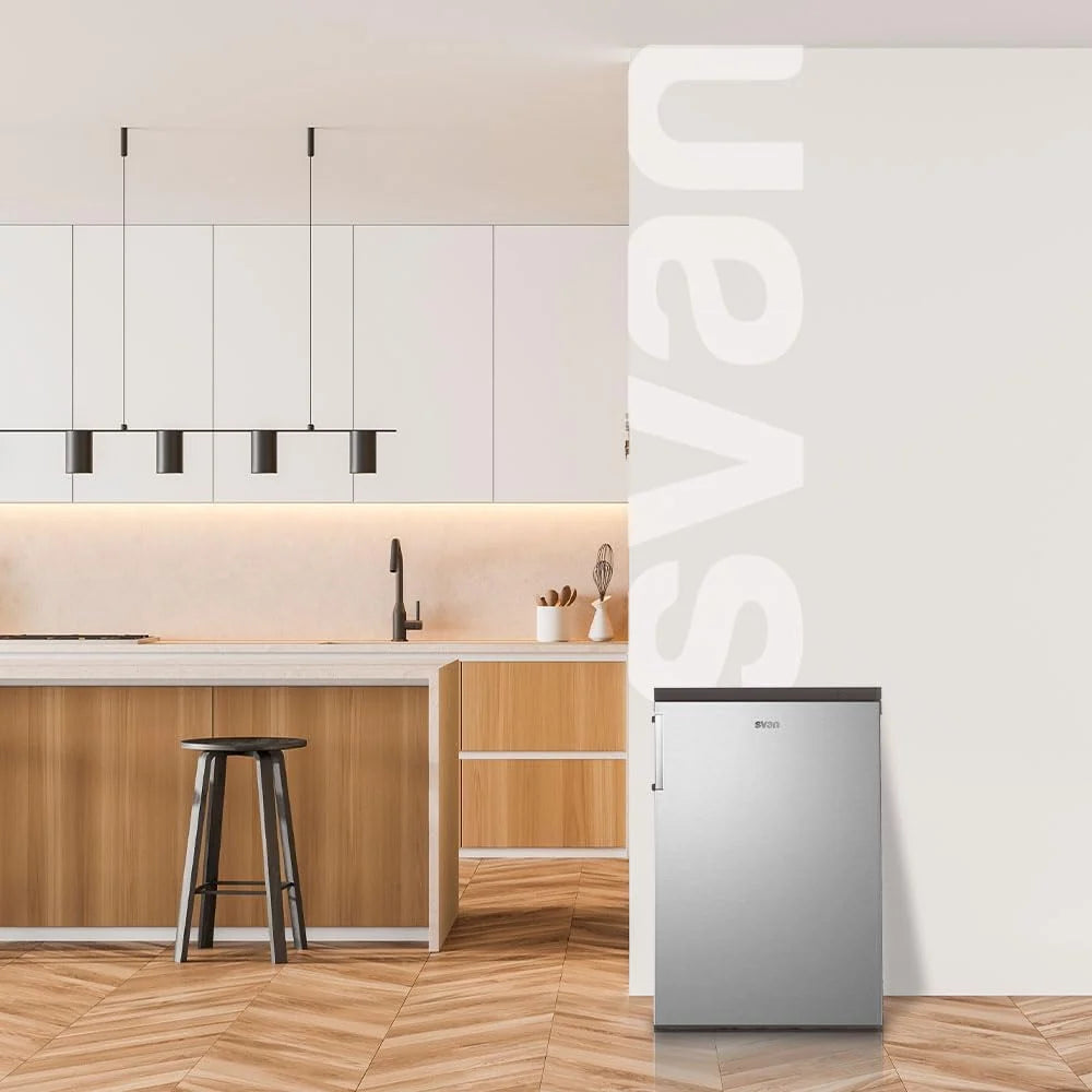 Svan Congelador vertical Inox SCV855500EX. Capacidad 85 Litros, Puerta Reversible, Bajo nivel Sonoro, Eficiencia Energética Clase E