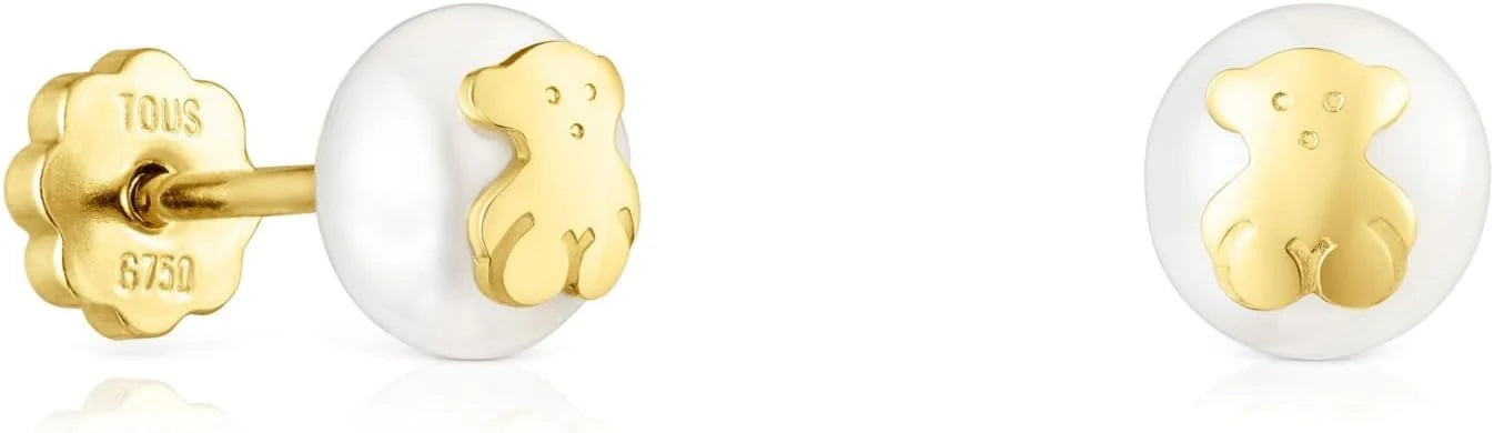 TOUS Pendientes de Oro de 18kt para Bebé con Perla Cultivada 0,6 cm y Motivo 0,45 cm, con Cierre de Rosca, Elegante y atemporal, Colección Icon Pearl