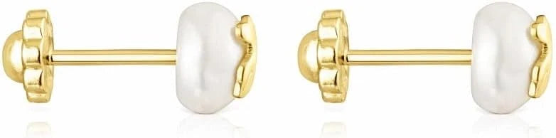 TOUS Pendientes de Oro de 18kt para Bebé con Perla Cultivada 0,6 cm y Motivo 0,45 cm, con Cierre de Rosca, Elegante y atemporal, Colección Icon Pearl