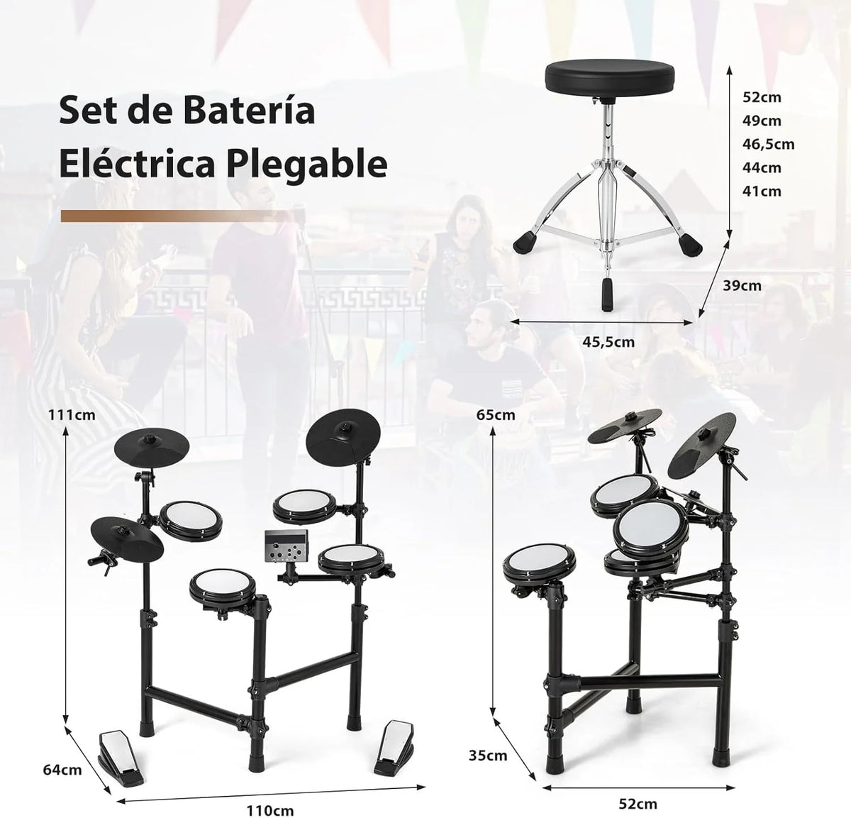 GOPLUS Batería Electrónica Completa Plegable con 150 Sonidos, Pads de Malla, Platillos de Silicona, 10 Canciones, 9 Tipos de Metrónomo, USB Midi, 2 Pedales, 2 Baquetas, Asiento Ajustable