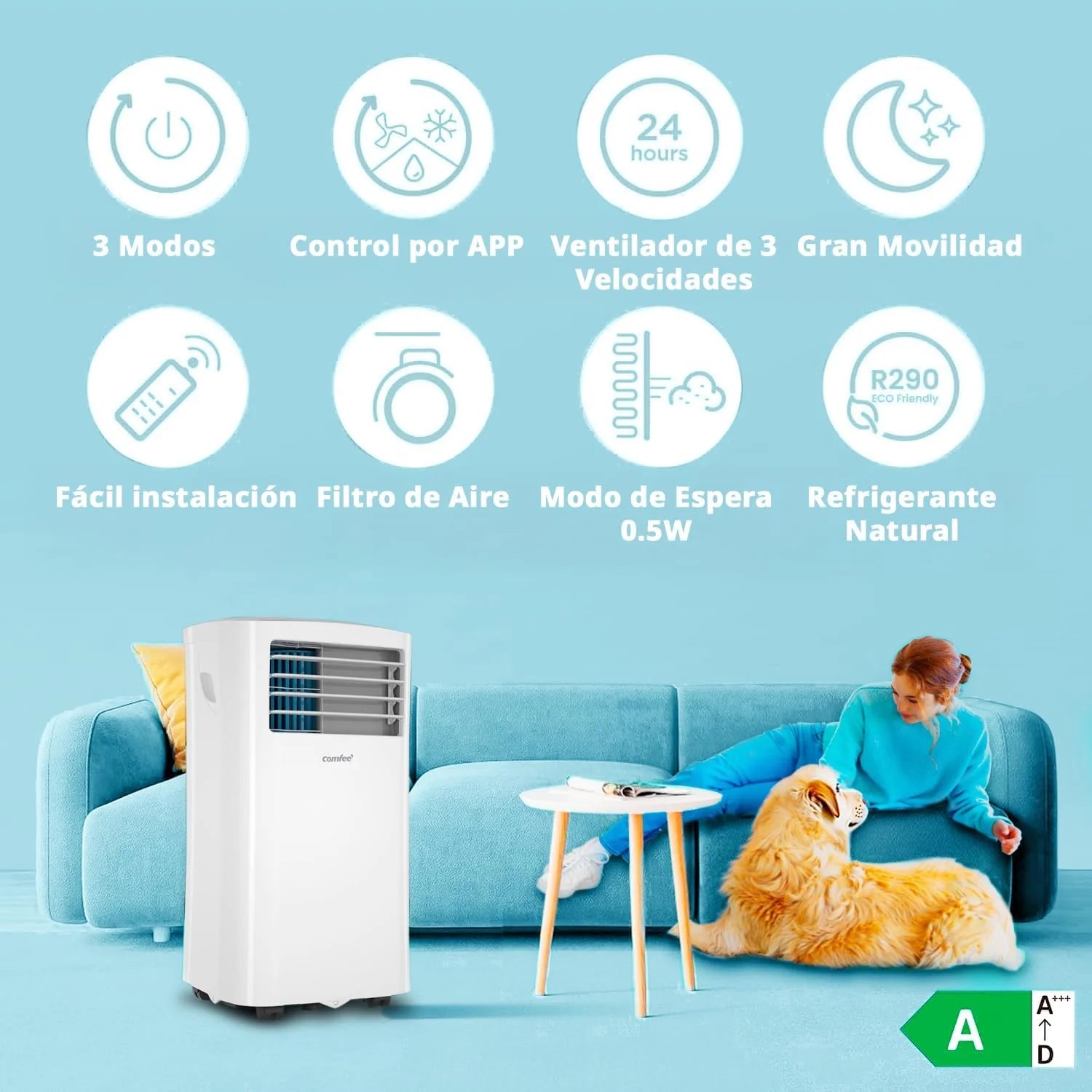 COMFEE Pingüino Aire Acondicionado Portátil 8000 BTU / 2000 Frigorías – Climatizador sin unidad exterior – Enfriador Silencioso Bajo Consumo con Kit de Ventana | 3x1 Refrigera, Ventila y Deshumidifica