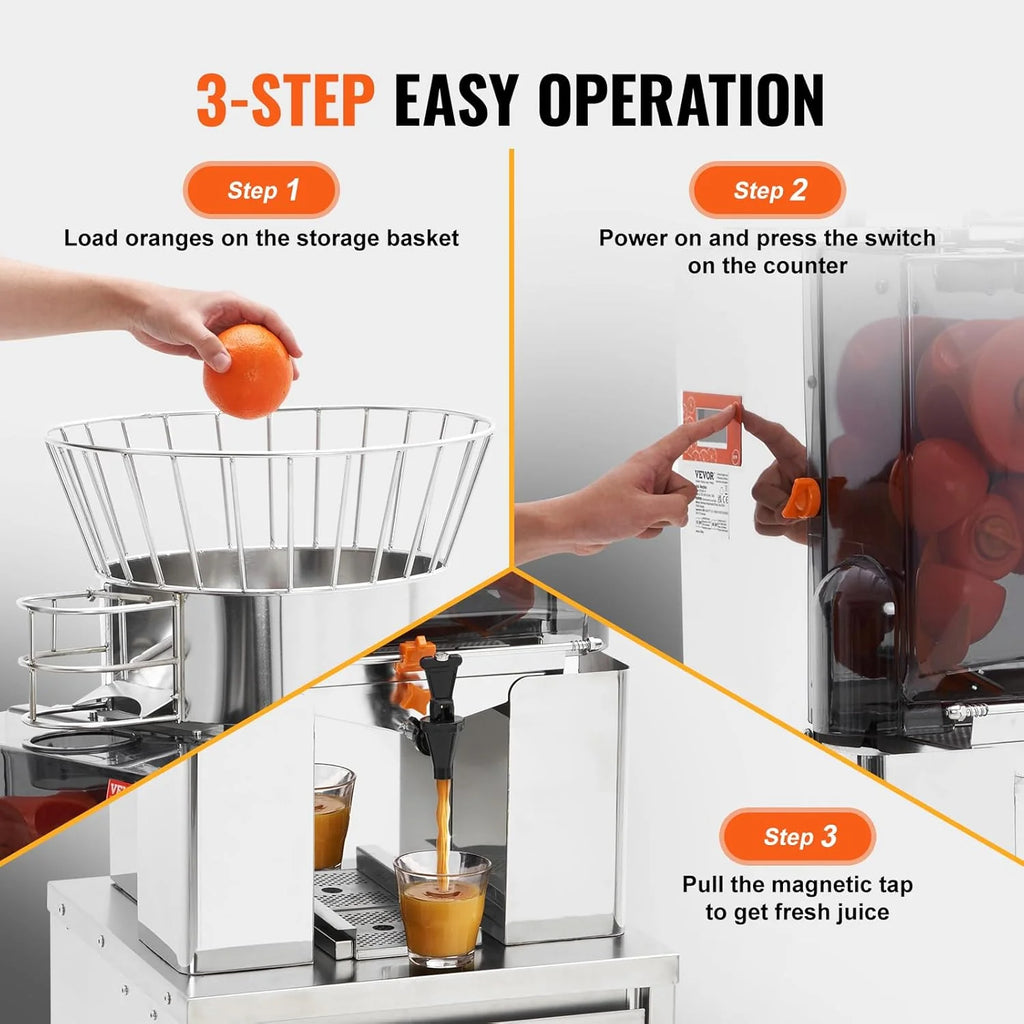 VEVOR Exprimidor de Cítricos Eléctrico 120 W Extractor de Zumo de Naranja Comercial Automático con Filtro Extraíble Cubo de Recolección de Cáscaras y Grifo para Restaurantes, Cafeterías, Fruterías