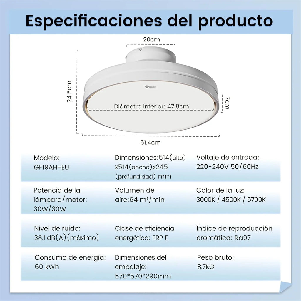 Silencioso Sin Aspas Ventilador de Techo con Luz Regulable 60W 30W Motor DC 30W Luz CCT 3000-5700K LED Lampara Ventilador Techo y Mando 6Velocidades Temporizador Memoria Apto para Salón Dormitorio