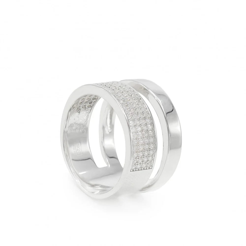 Anillo anchos de plata diseño doble y circonitas