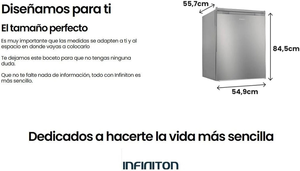 INFINITON CV-A85I - Congelador vertical, 80 Litros, 85 cm, 3 cajones, Control de temperatura, Puerta reversible, Regulación en Altura, E, Inox